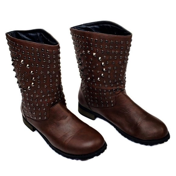 Brown leather boot highlighted by a studded design with a low block heel.* 8 1/2 - Picture 4 of 6